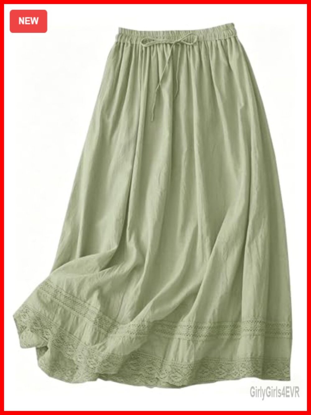 Cotton Linen Midi Skirt Lace Trim A-Line Drawstring Flowy Boho